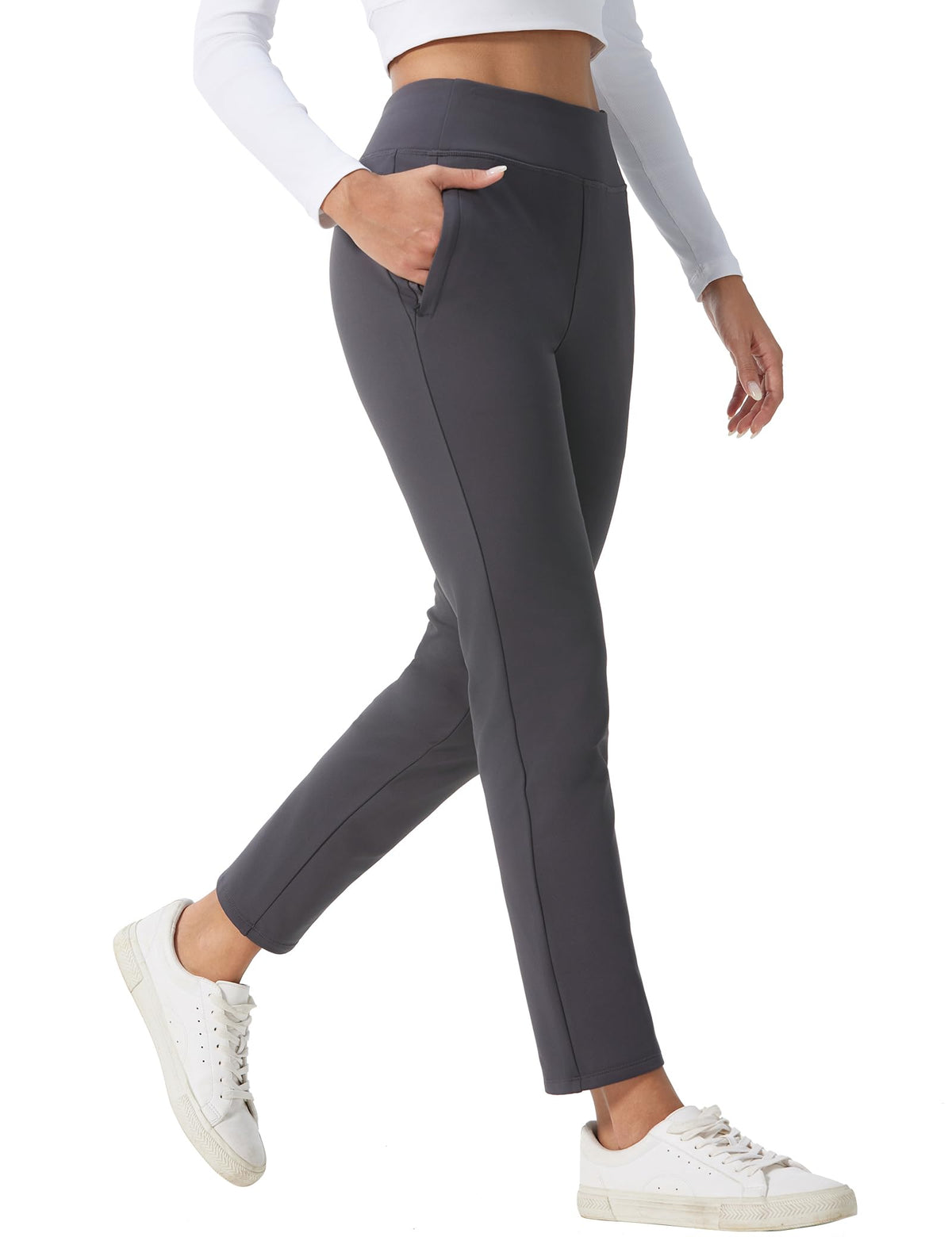 HOTSUIT fleece-lined winter work pants on model in gray showing warmth and comfort