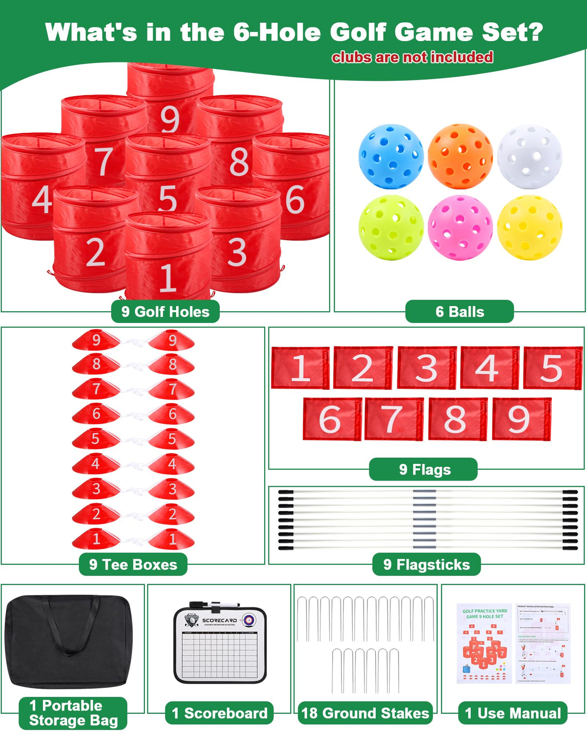 HOTWIND 9-hole golf game items laid out including balls, tees, and flag sticks