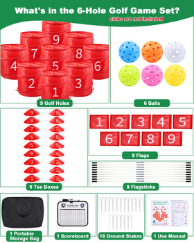 HOTWIND 9-hole golf game items laid out including balls, tees, and flag sticks