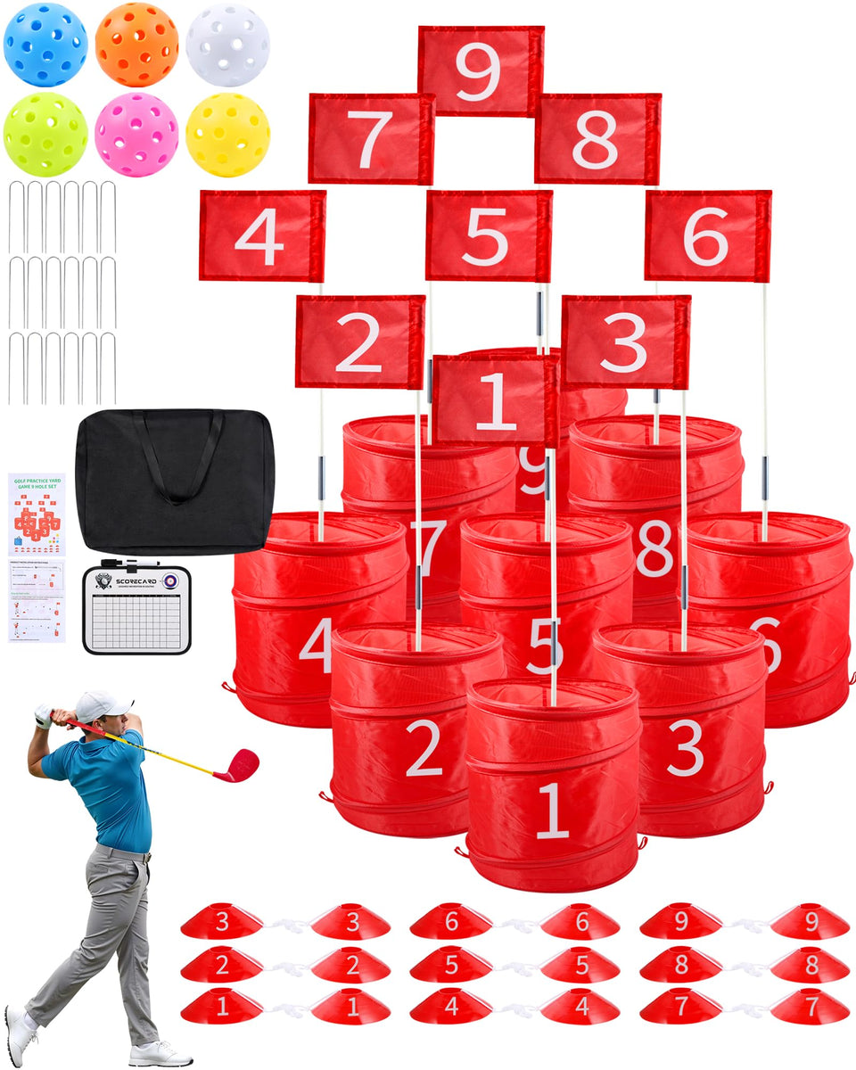 HOTWIND Backyard Golf Game setup with nine holes ready for family outdoor fun