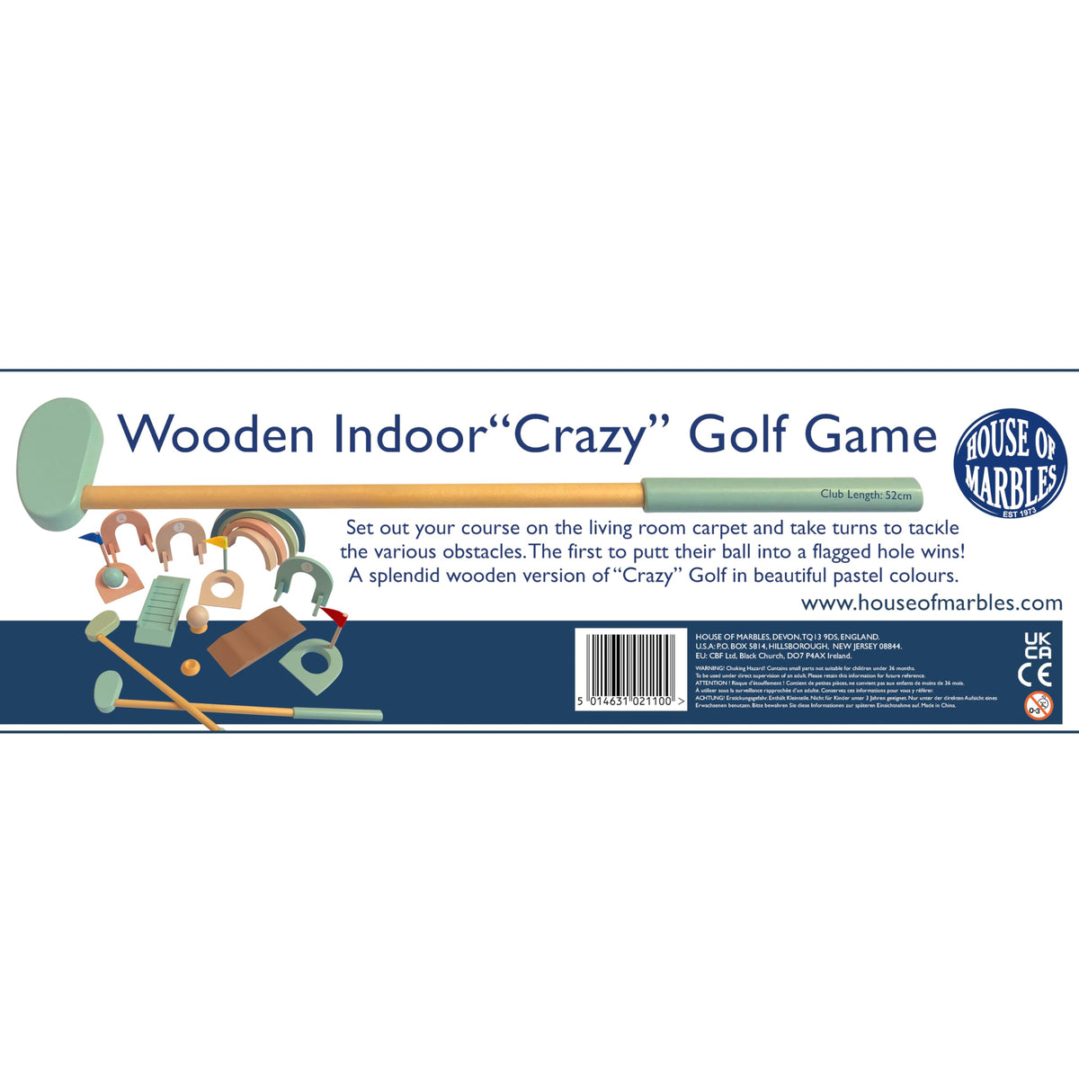 House of Marbles safety label on wooden mini golf set for informed play