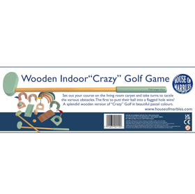 House of Marbles safety label on wooden mini golf set for informed play