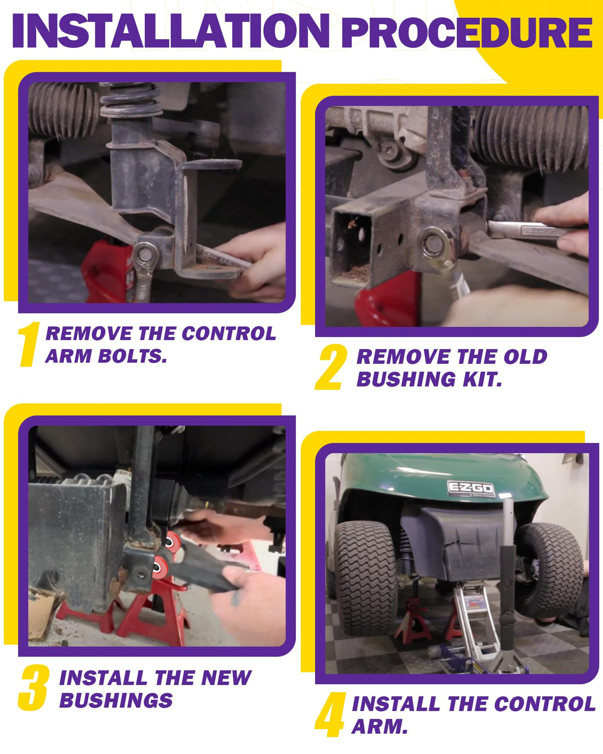 HOWBOW Ezgo RXV installation guide for front suspension upgrade.
