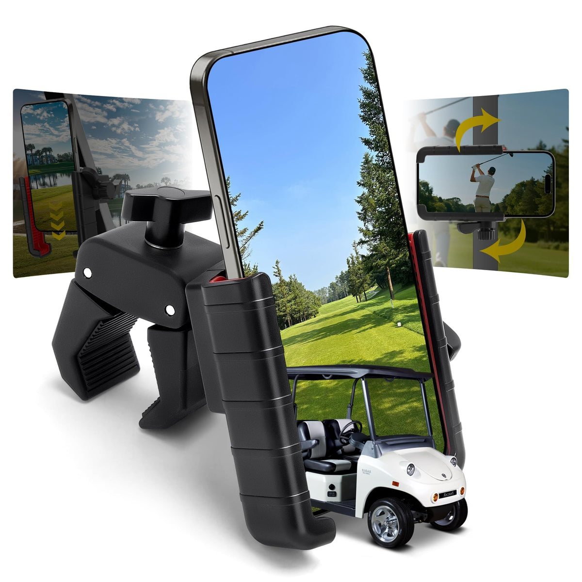 HOWBOW Golf Cart Phone Mount with secure clamp for rough rides.