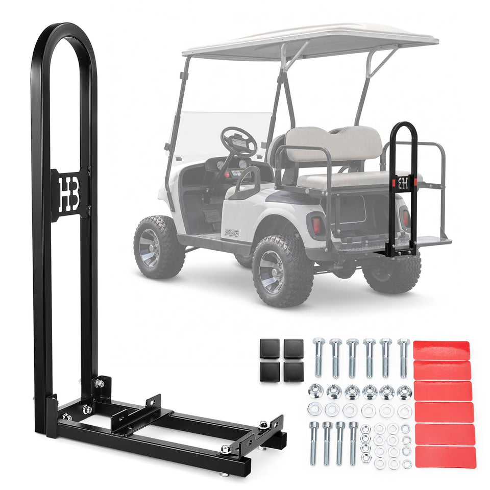 HOWBOW rear seat grab bar on metal footrests offers secure grip for passengers in compatible golf carts.