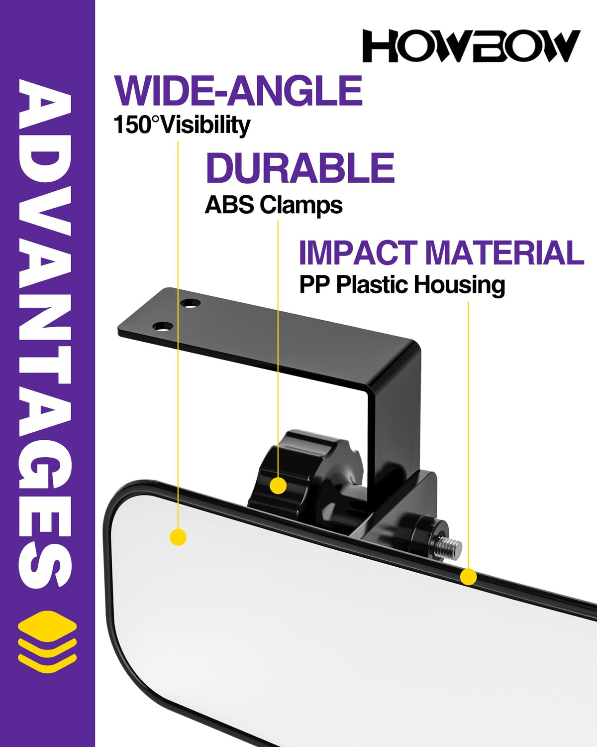 HOWBOW rear-view mirror offers 270-degree rotation for flexible adjustment.