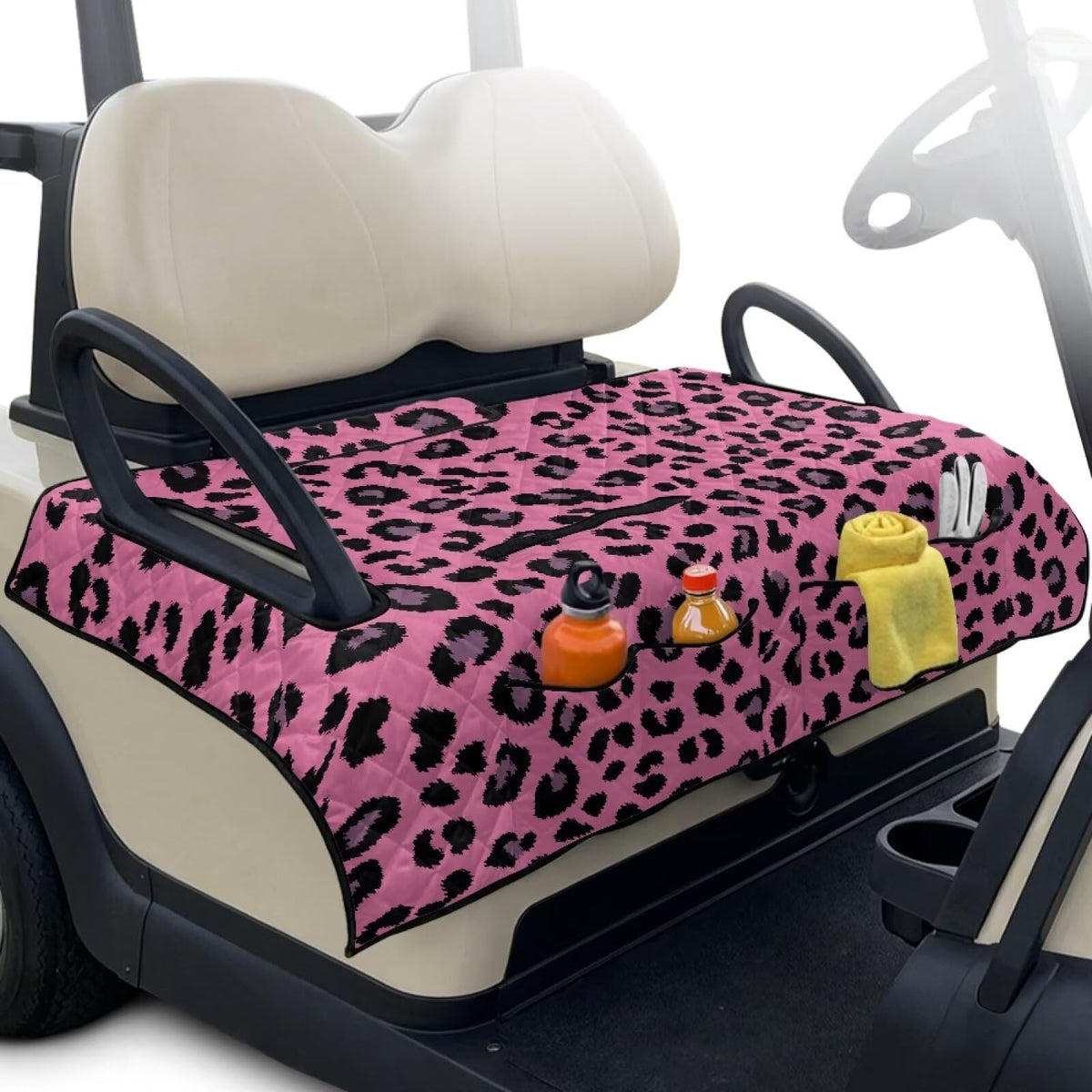 Howilath front pockets keep essentials organized on the golf cart.