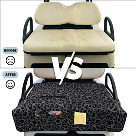 Howilath seat cover installs in seconds on two-person golf carts
