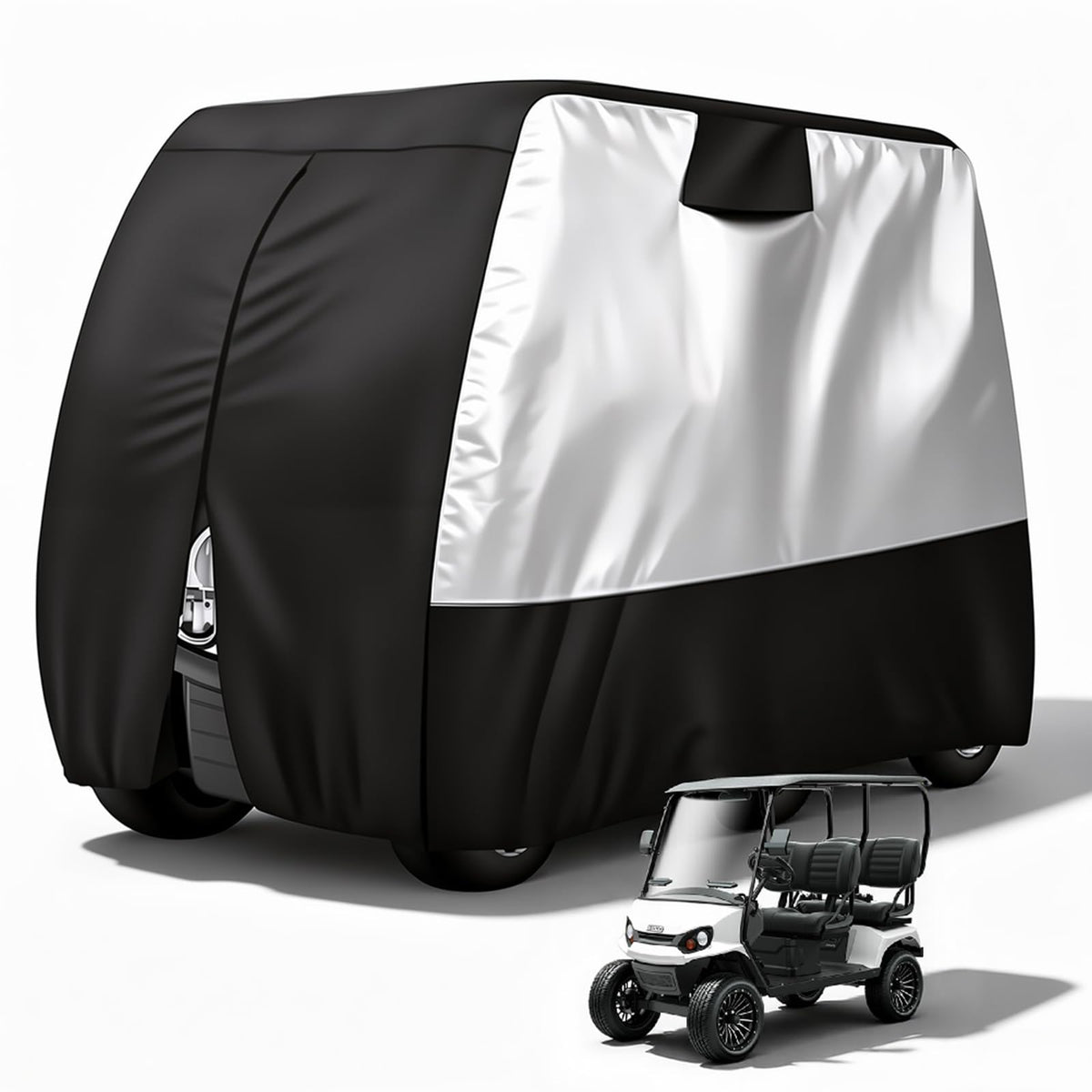 HOYWOUL 4-passenger golf cart cover with extended roof protecting four-seat carts from rain
