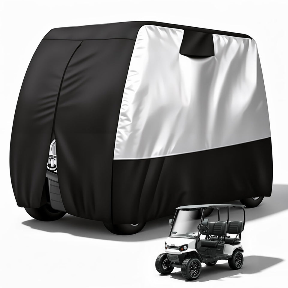 HOYWOUL 4-passenger golf cart cover with extended roof protecting four-seat carts from rain