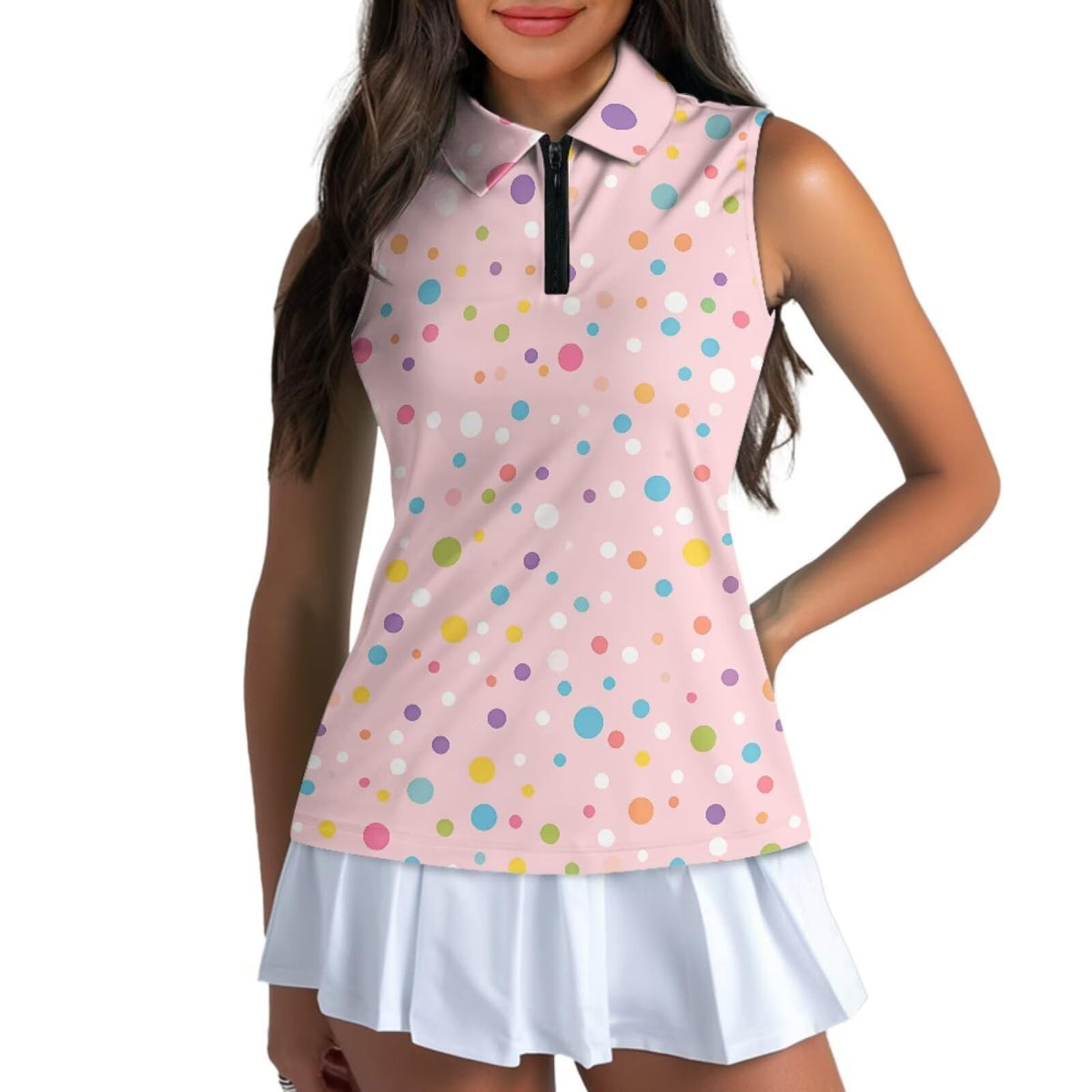 Hresuewn women's golf top in colorful dots pattern for vibrant on-course style