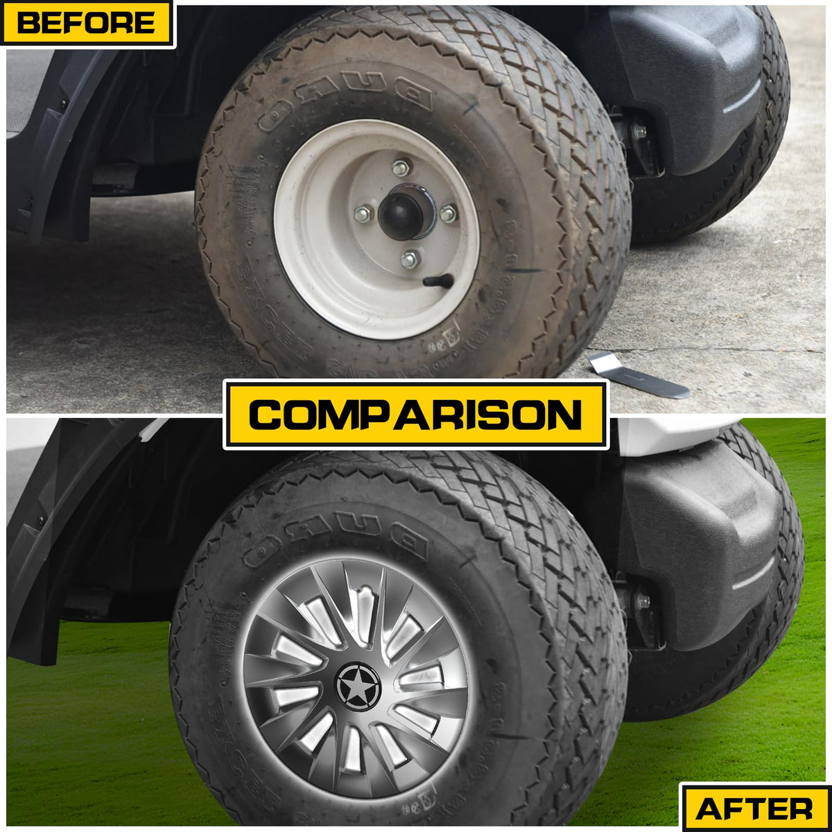 HSUTVXPRO 8-inch glittering silver hub cap for Club Car boosts style with durable coating