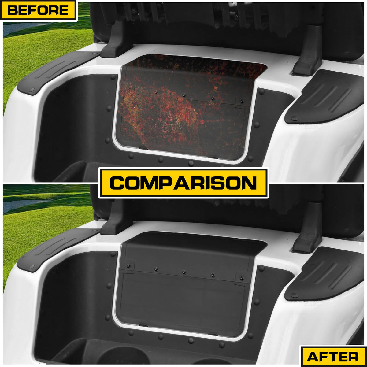 HSUTVXPRO access cover replacement for EZGO RXV highlighting quick, tool-free installation