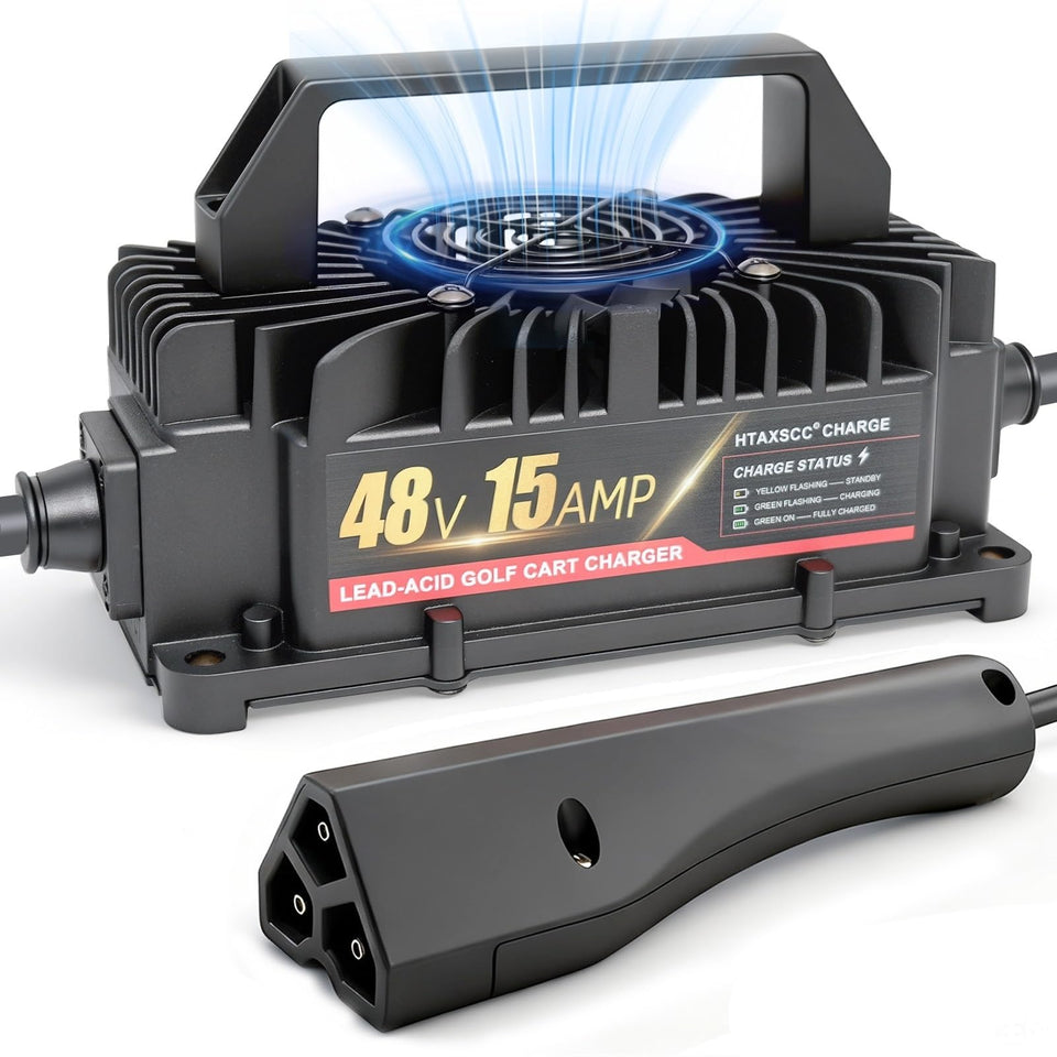 HTAXSCC 48V charger front view for EZGO RXV/TXT enables efficient charging.