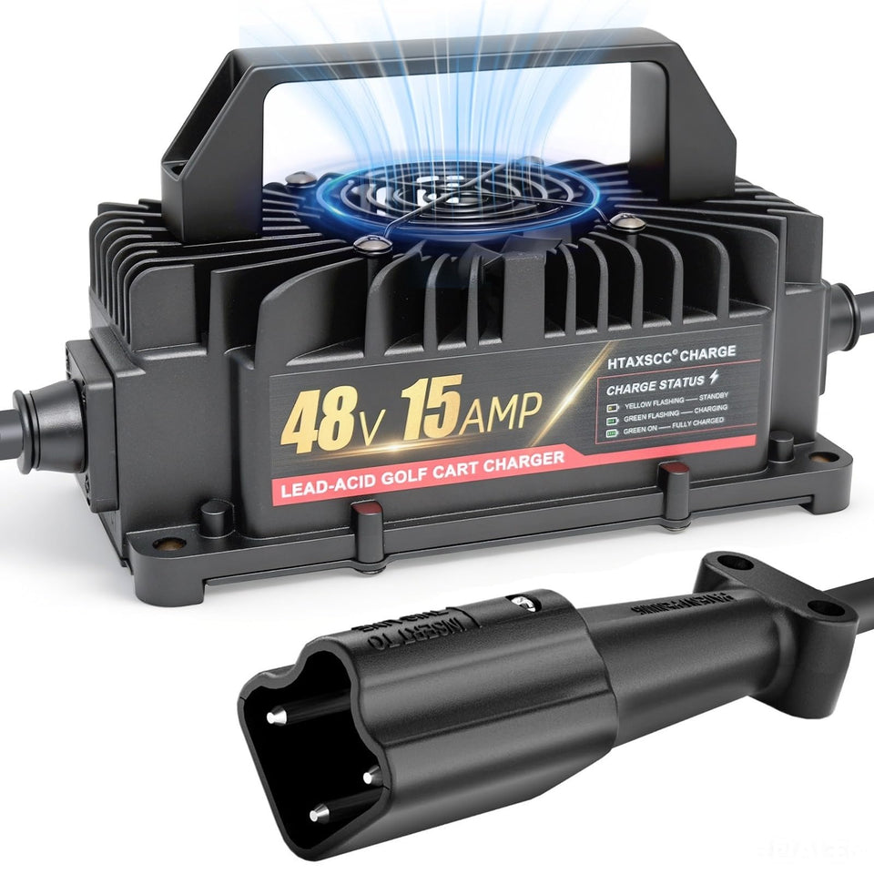 HTAXSCC 48V charger front view for Yamaha G29 Drive with IP67 protection.