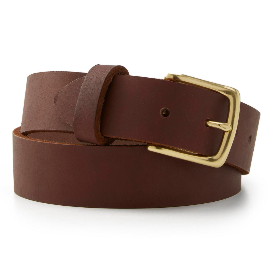 Huckberry Flint and Tinder 365 Belt front view in dark brown, durable daily wear.