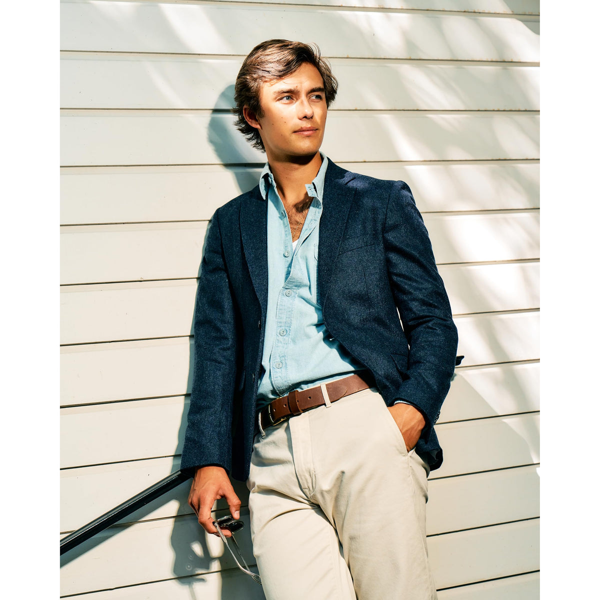Huckberry Flint and Tinder 365 Belt patina wear on model, developing character.