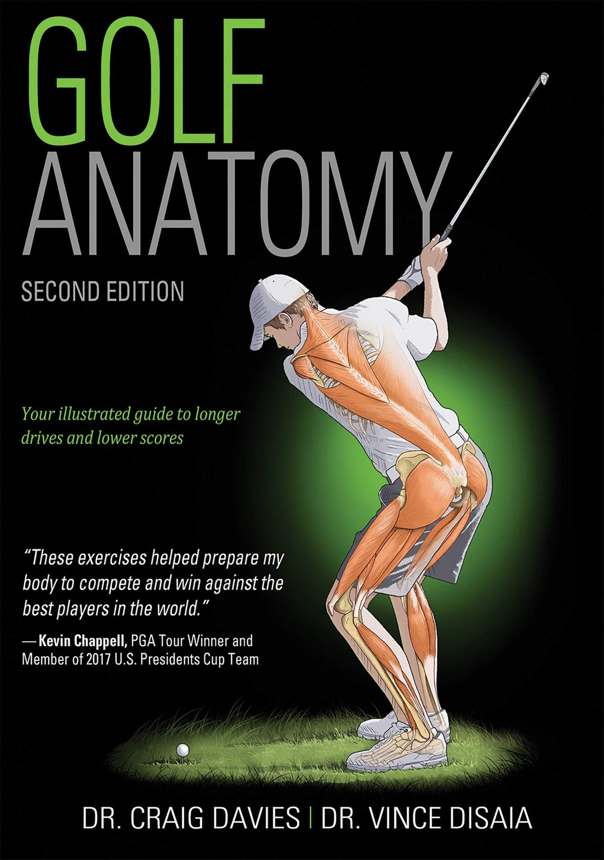 Human Kinetics Golf Anatomy 2nd Edition cover with anatomy diagrams for swing-focused training.