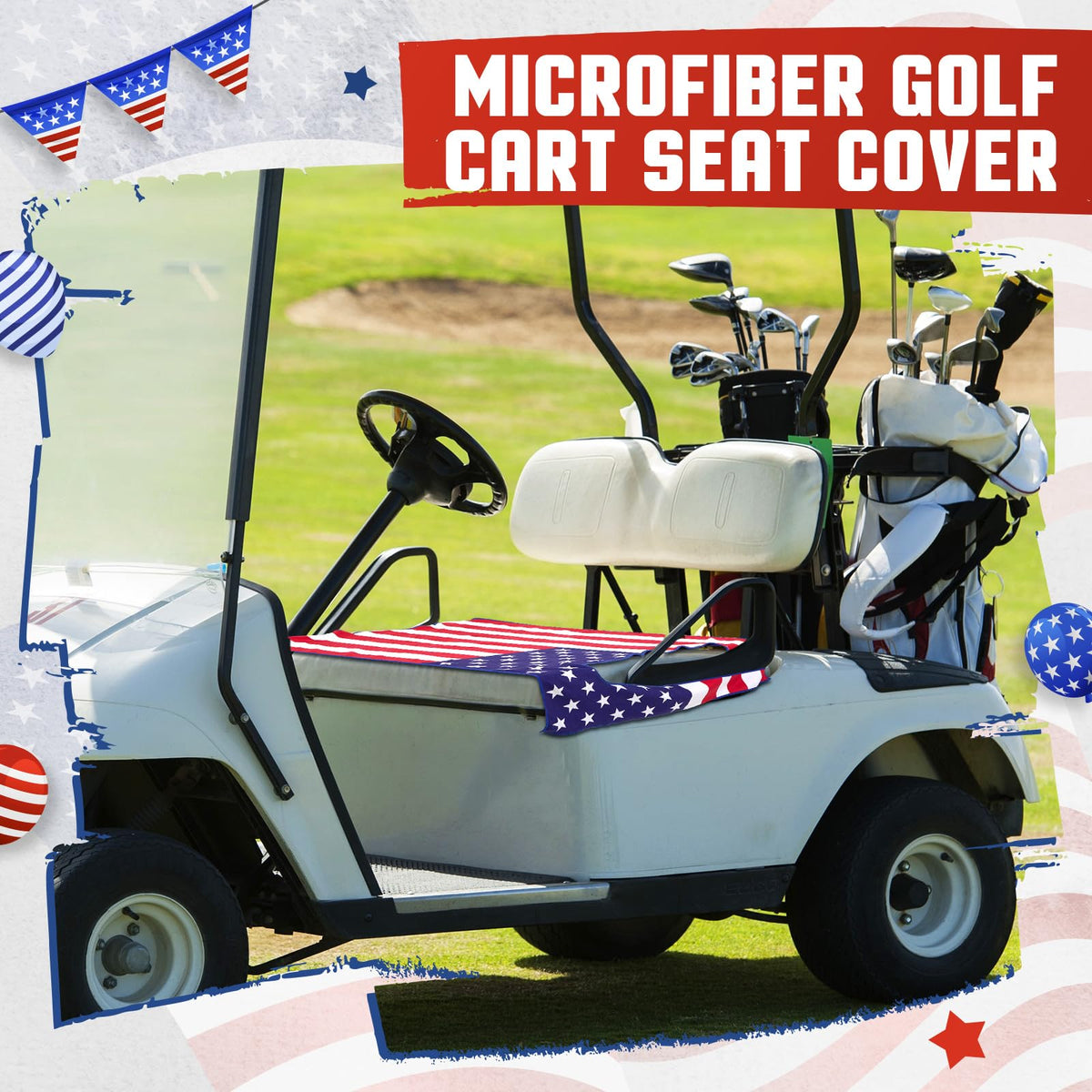 HunnmingRe flag golf cart seat cover side view highlighting side armrest holes.