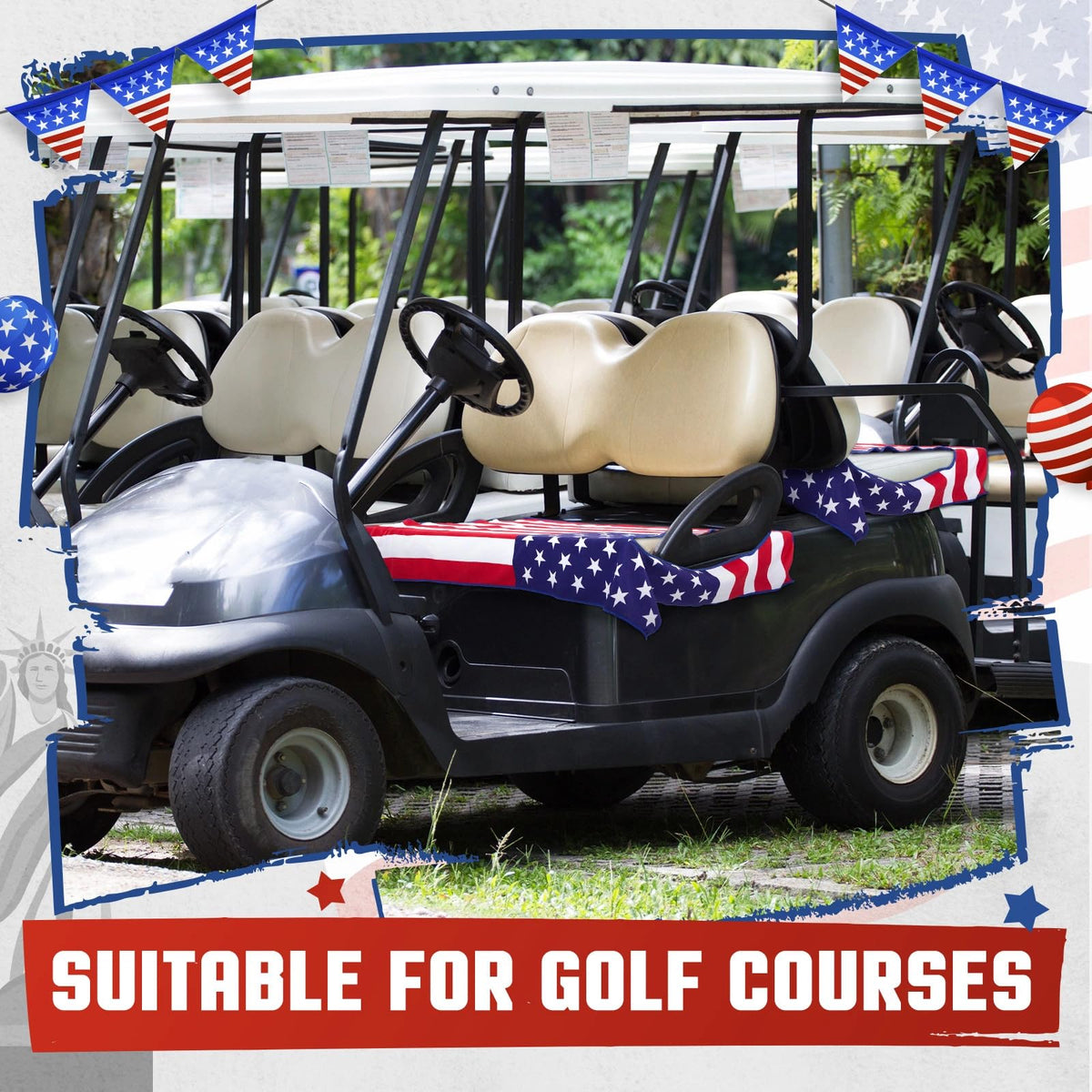HunnmingRe flag golf cart seat cover size reference illustrating universal fit.