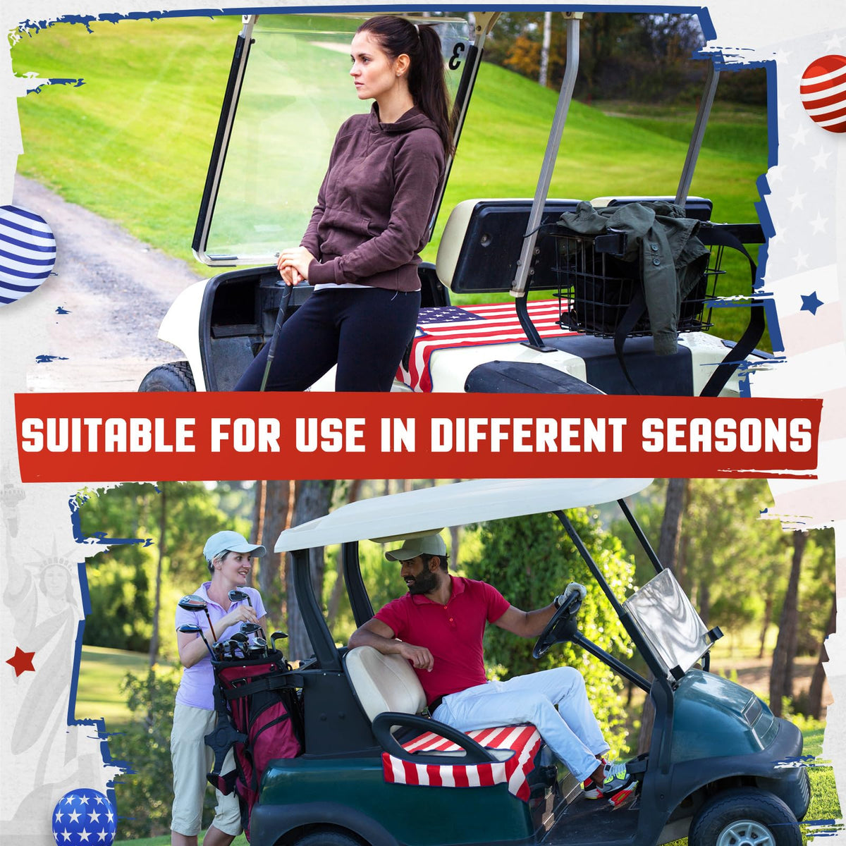 HunnmingRe flag golf cart seat cover stitching detail indicating quality finish.
