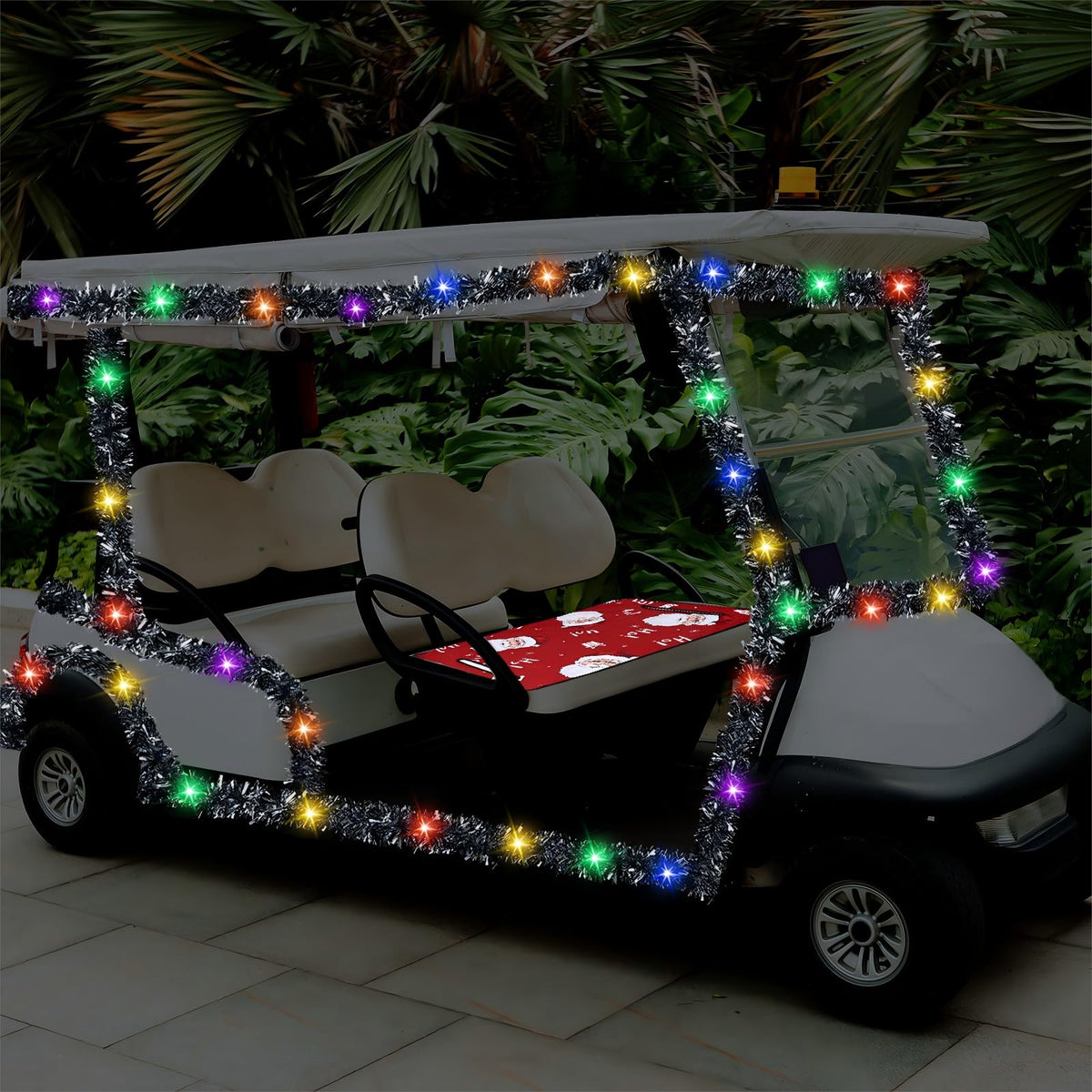 HunnmingRe golf cart holiday transformation with red seat cover and silver garland