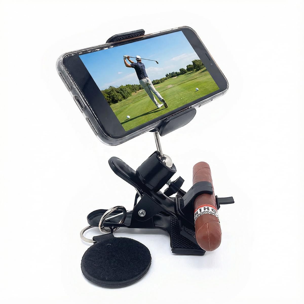 HUNQTSDA Golf Bag Phone Holder clip mounted on cart for stable, shake-free filming.
