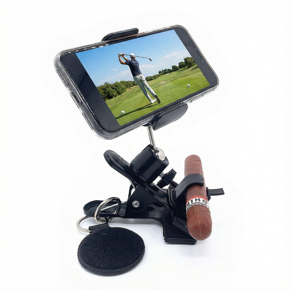 HUNQTSDA Golf Bag Phone Holder clip mounted on cart for stable, shake-free filming.