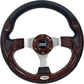 Huskey 12.5-inch vintage wood grain steering wheel with center logo for a classic cart upgrade.