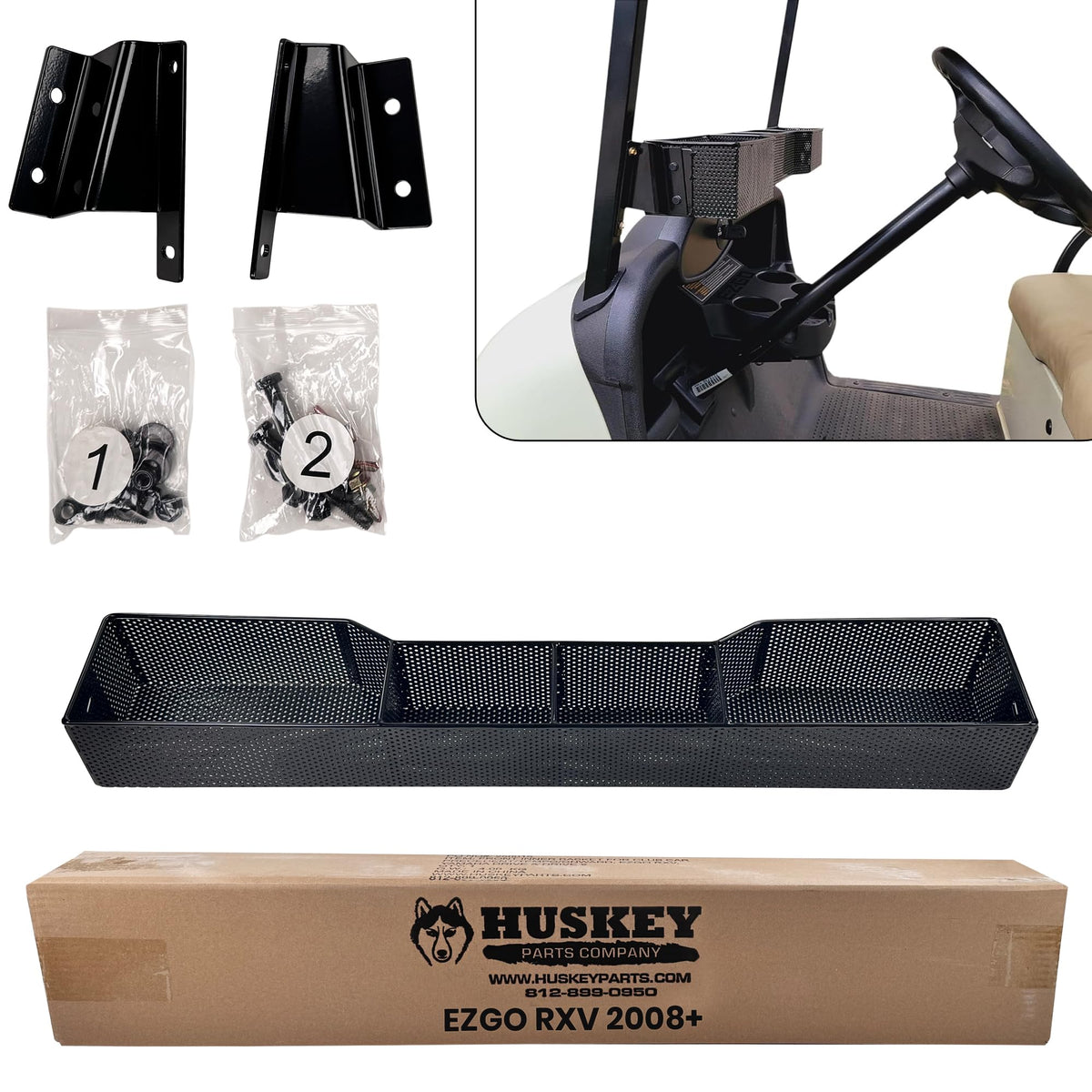 Huskey golf cart basket front design for EZGO RXV keeps essentials within reach.
