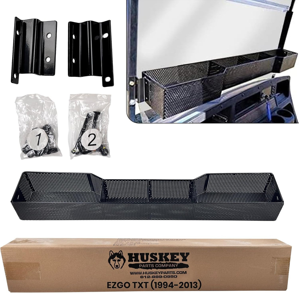 Huskey Parts Company front basket for EZGO TXT 1994–2013 with enhanced storage.