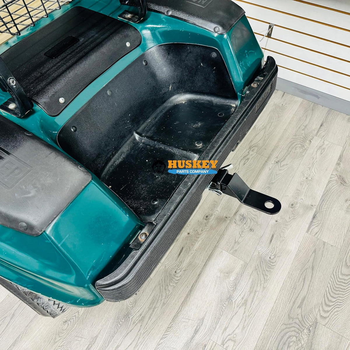 Huskey trailer hitch installed on the Club Car DS rear chassis for towing