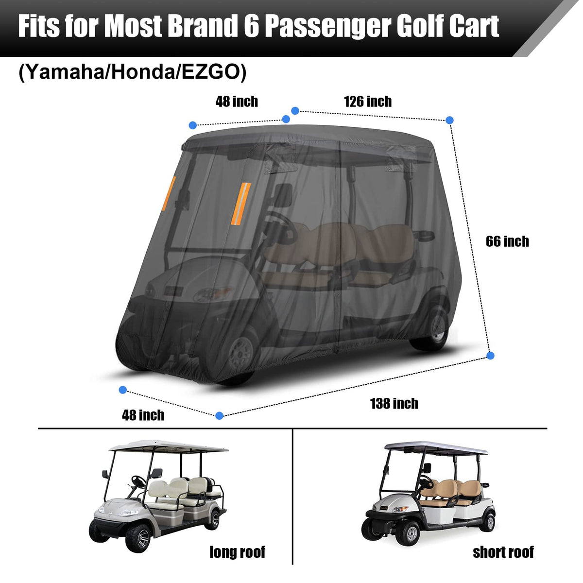 HWIUS 600D cover, back view shows extended roof coverage for a 6-seat cart