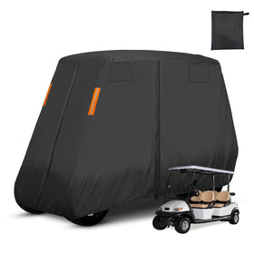 HWIUS 600D golf cart cover, front view shields a 6-seat cart from rain