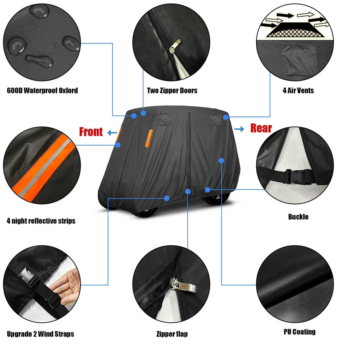 HWIUS 600D cover, side view fits 4+2 seat golf carts