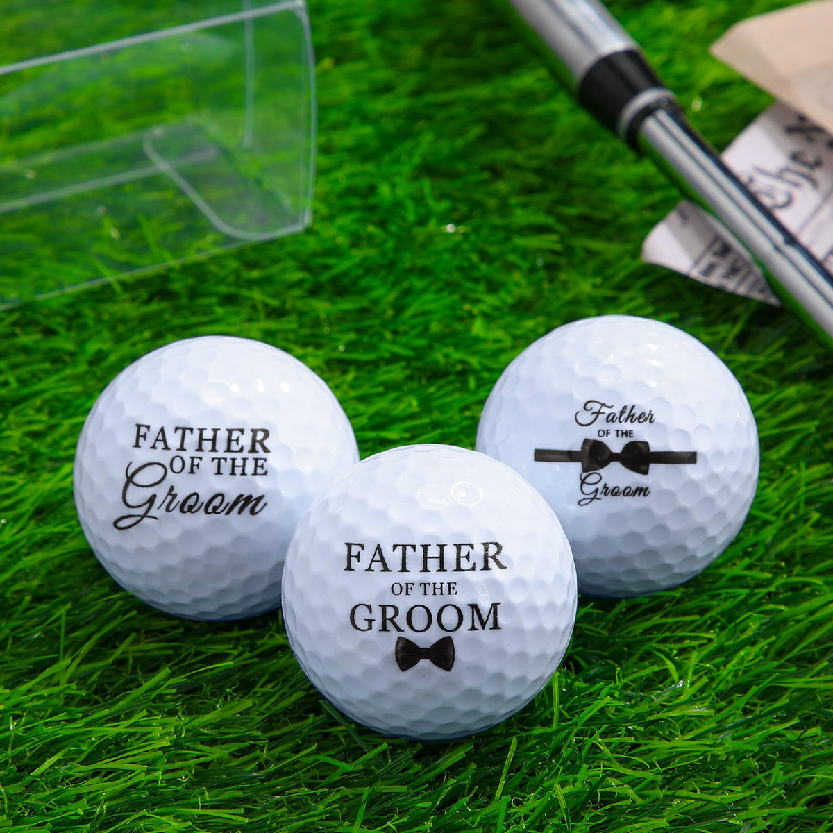 HyDren wedding golf balls 3-pack front design shows Father of the Groom motif for a keepsake.