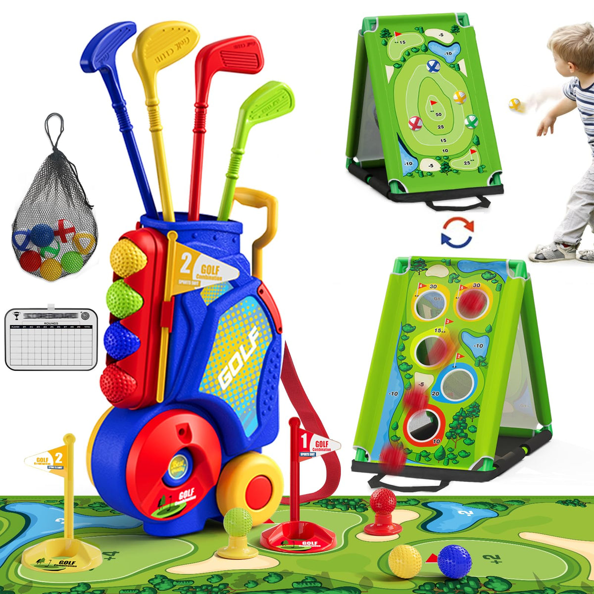 HYES 3-in-1 toddler golf set putting mat with obstacles for active play