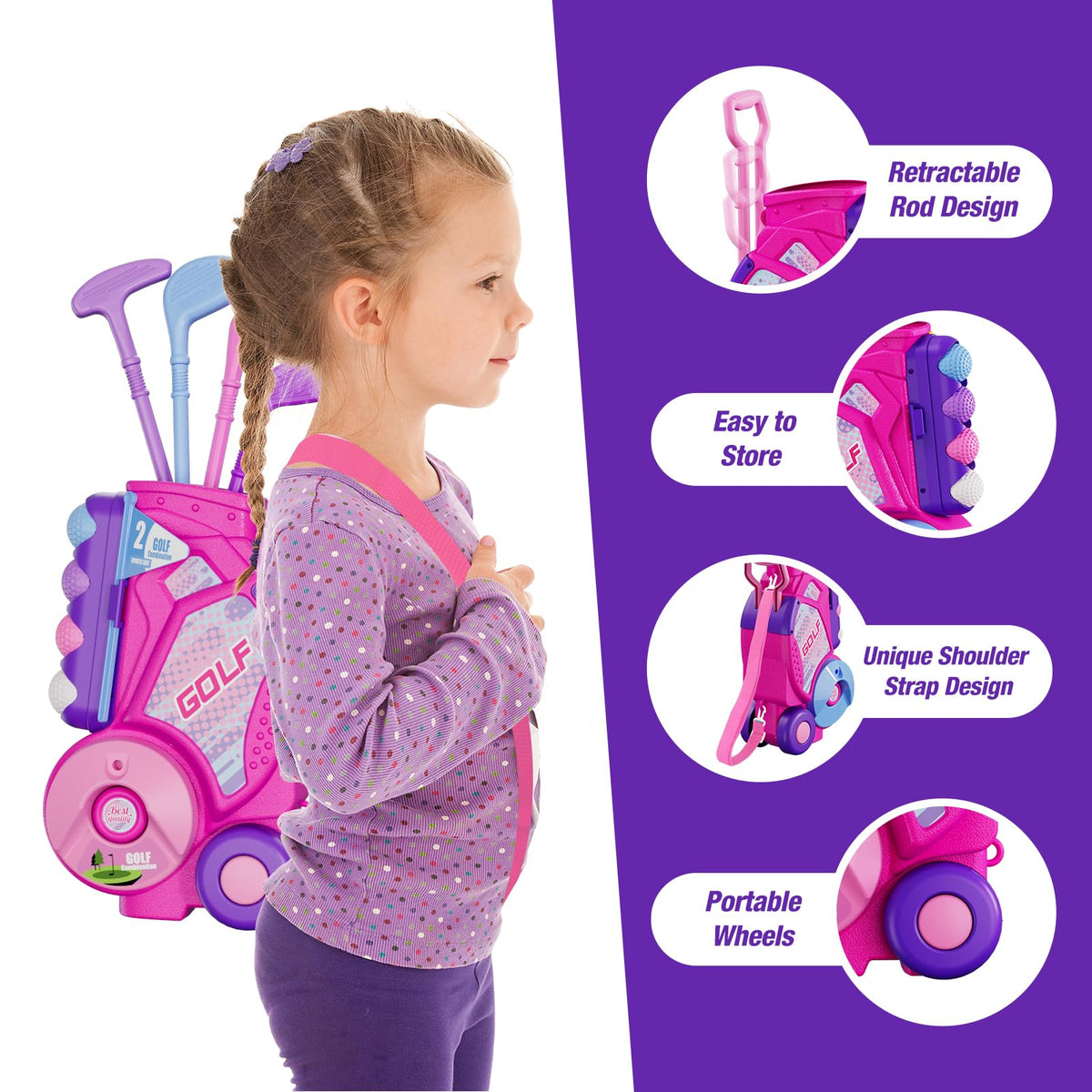 HYES pink golf cart with extendable handle for easy transport and storage