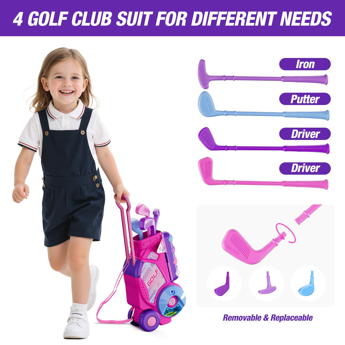 HYES toddler golf clubs four-pack designed with safe rounded edges