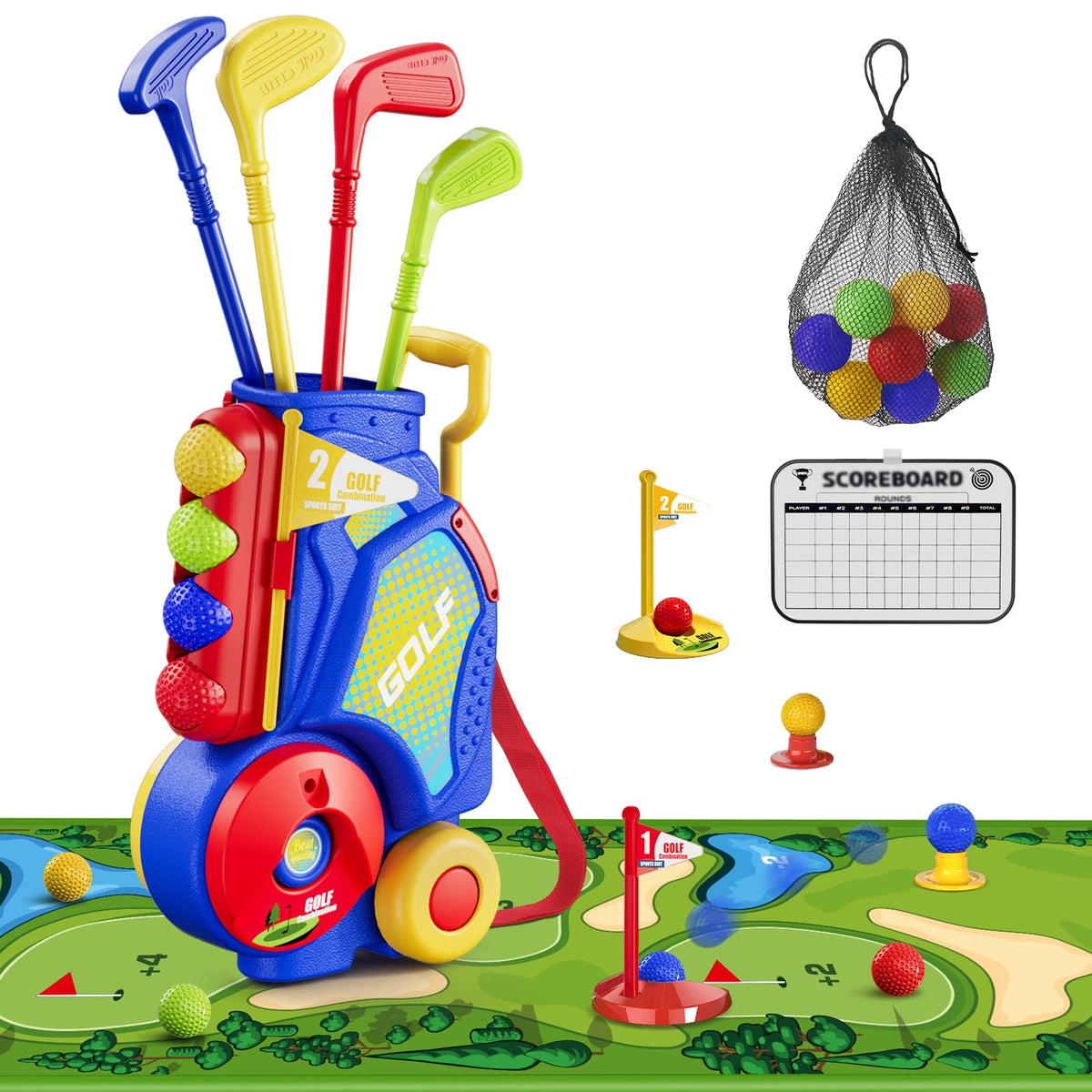 HYES Toddler Golf Set cart blue boosts easy transport for indoor or outdoor play