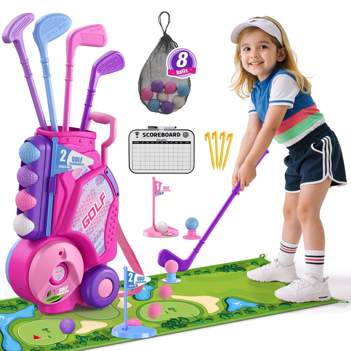 HYES toddler golf set pink bundle with balls and clubs for indoor and outdoor fun