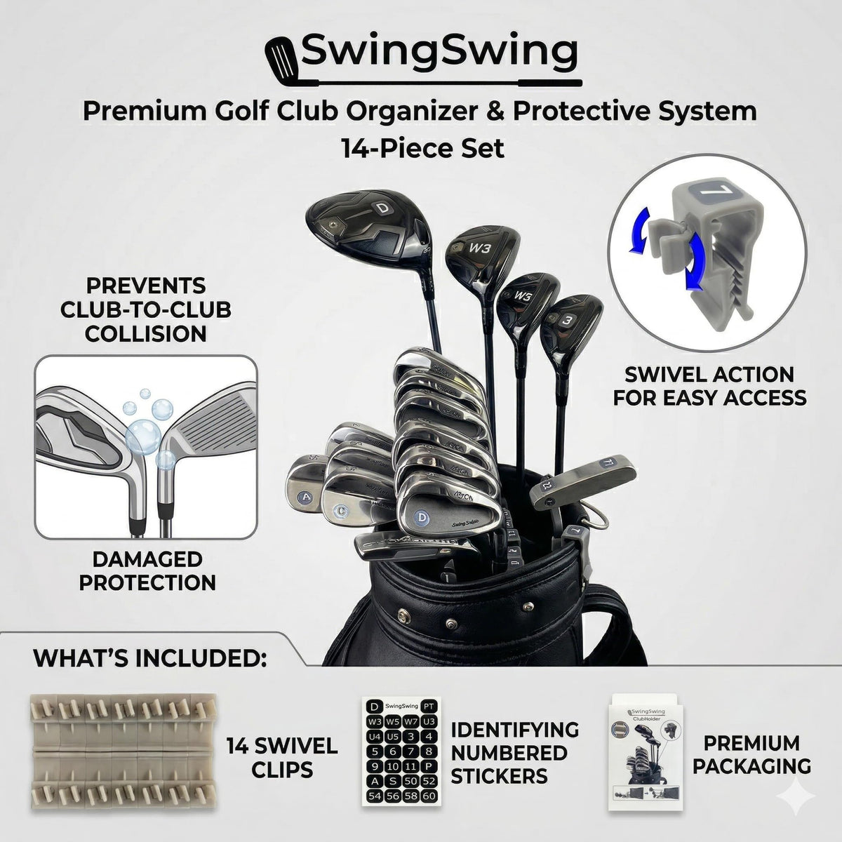 HYOJATEM SwingSwing 14-clip set with stickers for quick club arrangement.