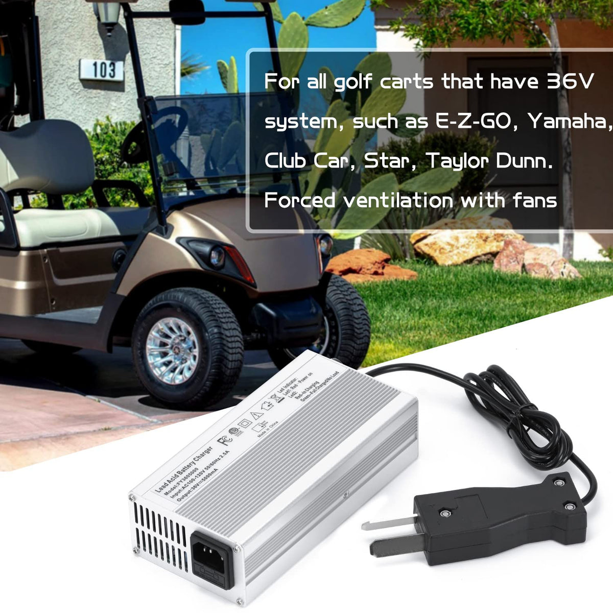 Hypertune 36V 5A charger side vent showing heat dissipation for safe operation