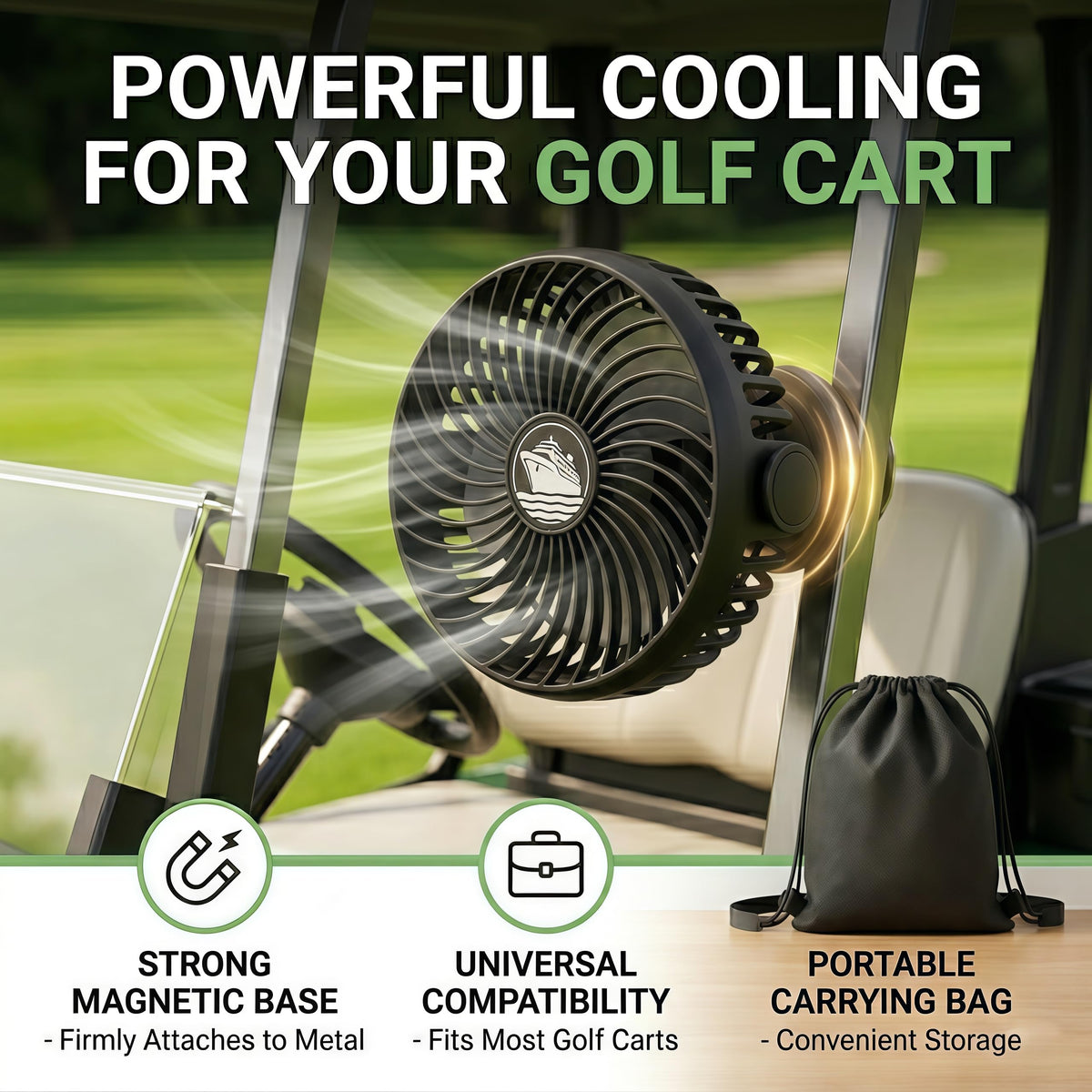 HYTWEDO strap-secure fastening keeps the fan in place on rough golf cart rides.