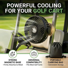 HYTWEDO strap-secure fastening keeps the fan in place on rough golf cart rides.