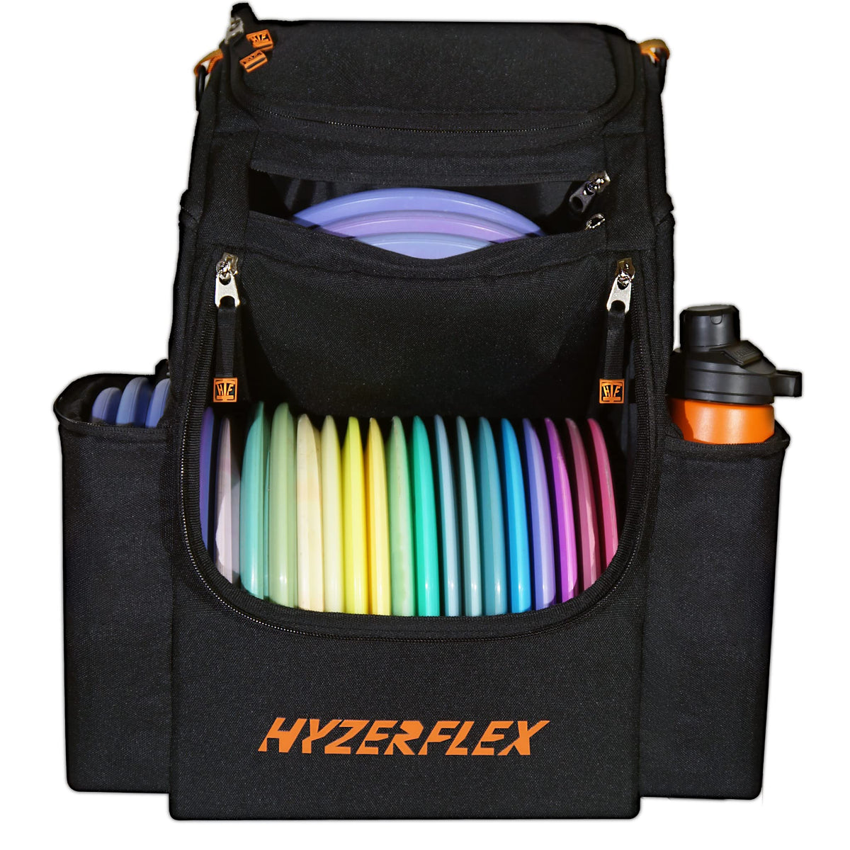 Hyzerflex ALLSTAR backpack front view with ample disc storage for travel days