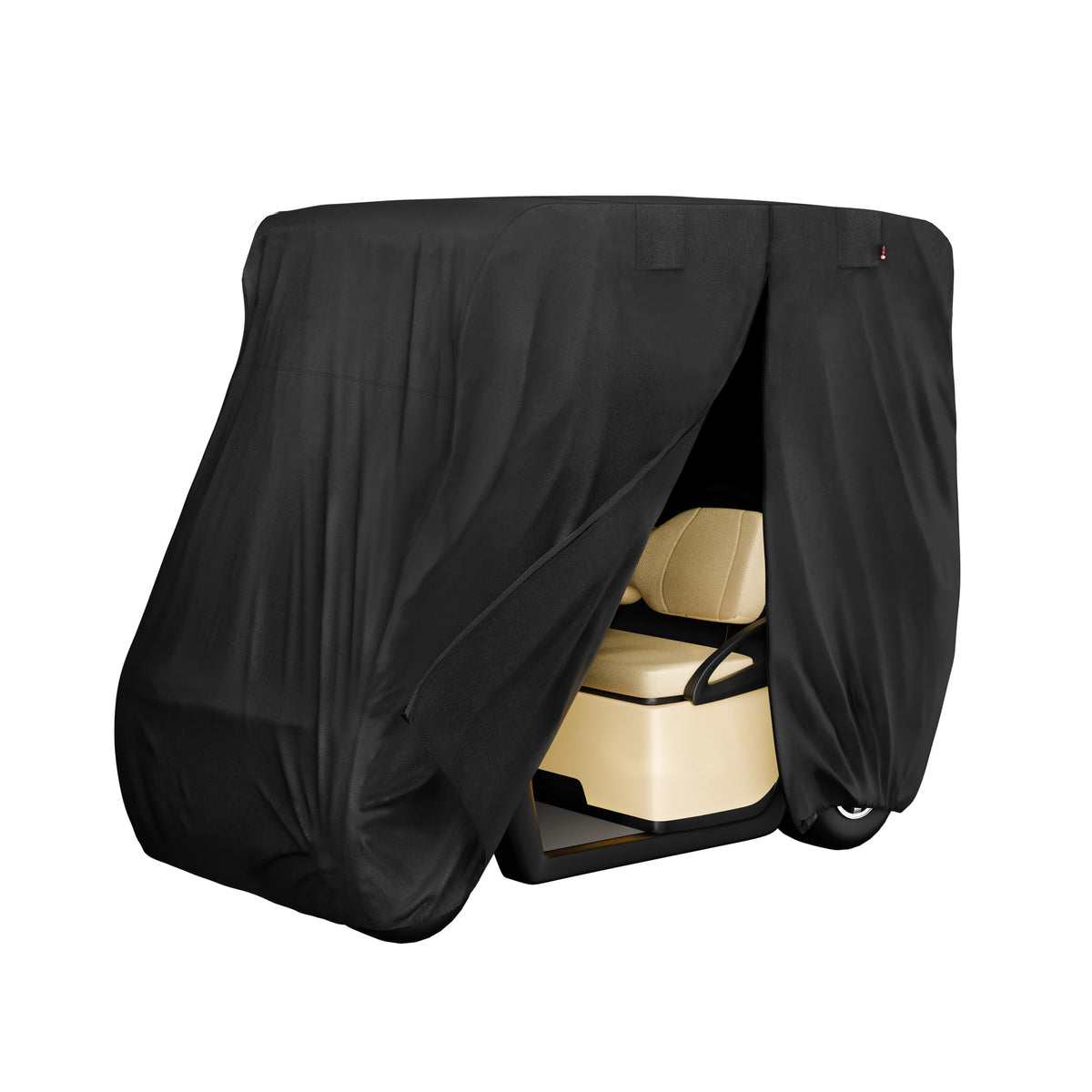 ibirdie 2+2 cover front view protects a golf cart from rain and sun.