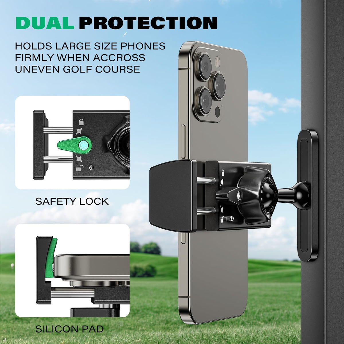 ICARMOUNT 360-degree rotation allows hands-free GPS and swing capture.