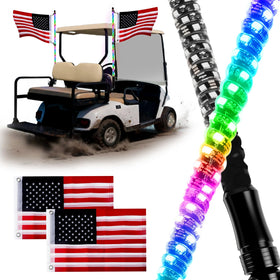 iLSKW 2-pack whip lights mounted on a golf cart rail for enhanced night visibility