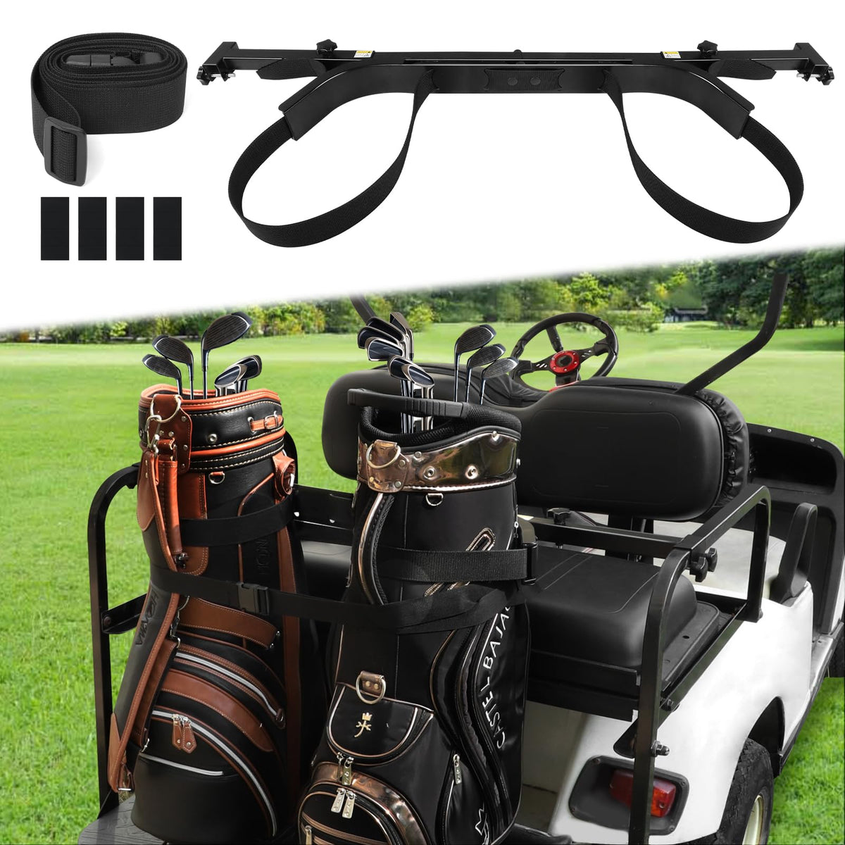 iLSKW back-seat attachment secures your golf bag on 2+2 carts.
